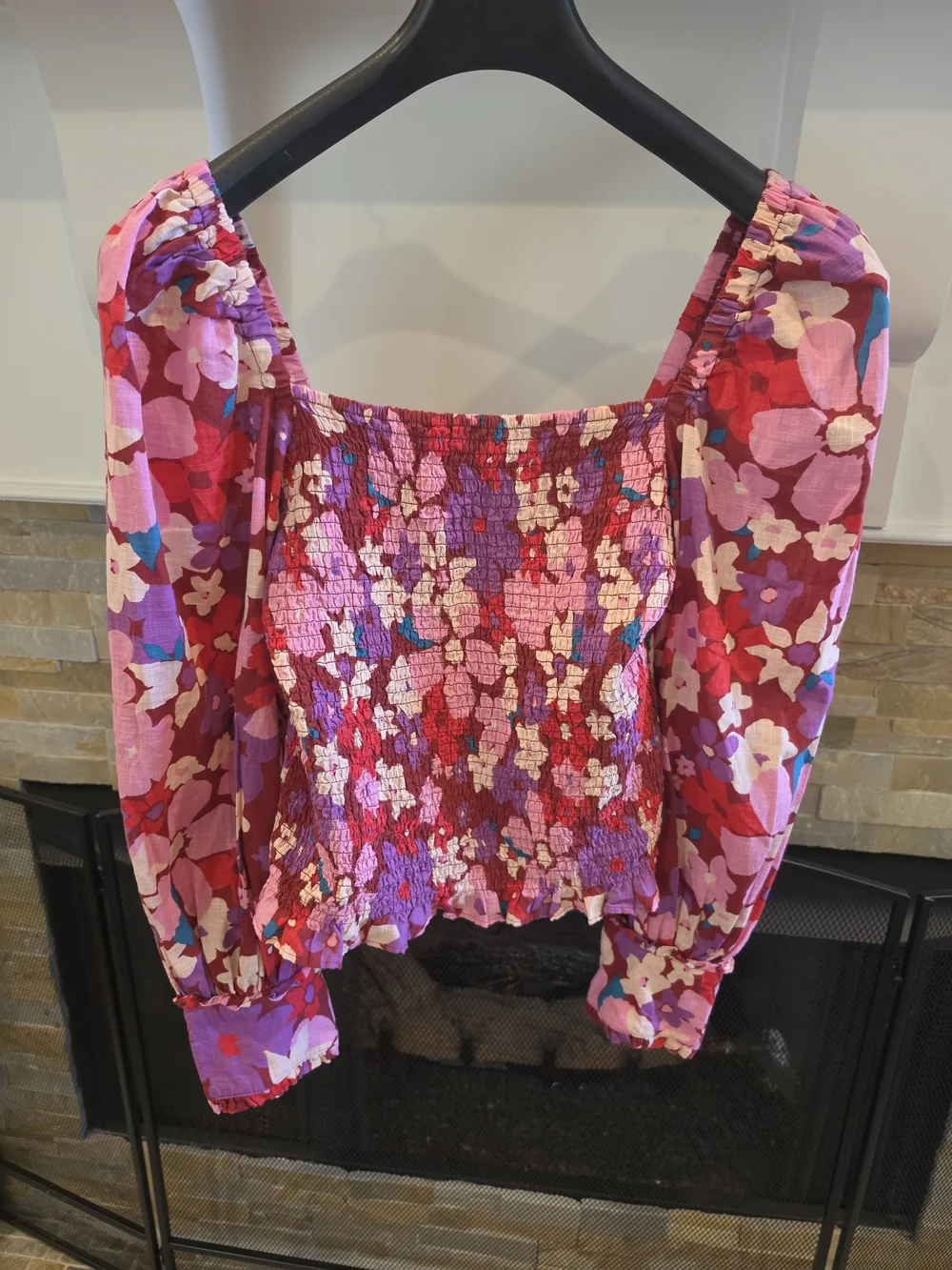 Free People Smocked Floral Square-Neck Top in Pink and Purple